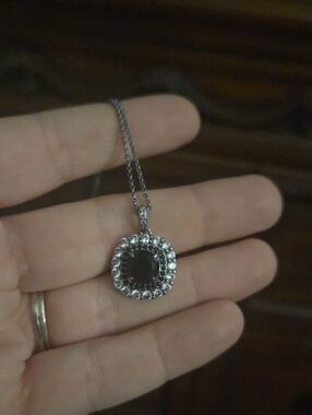 Sterling Silver Black Stone Halo Pendant Necklace - Women Jewelry